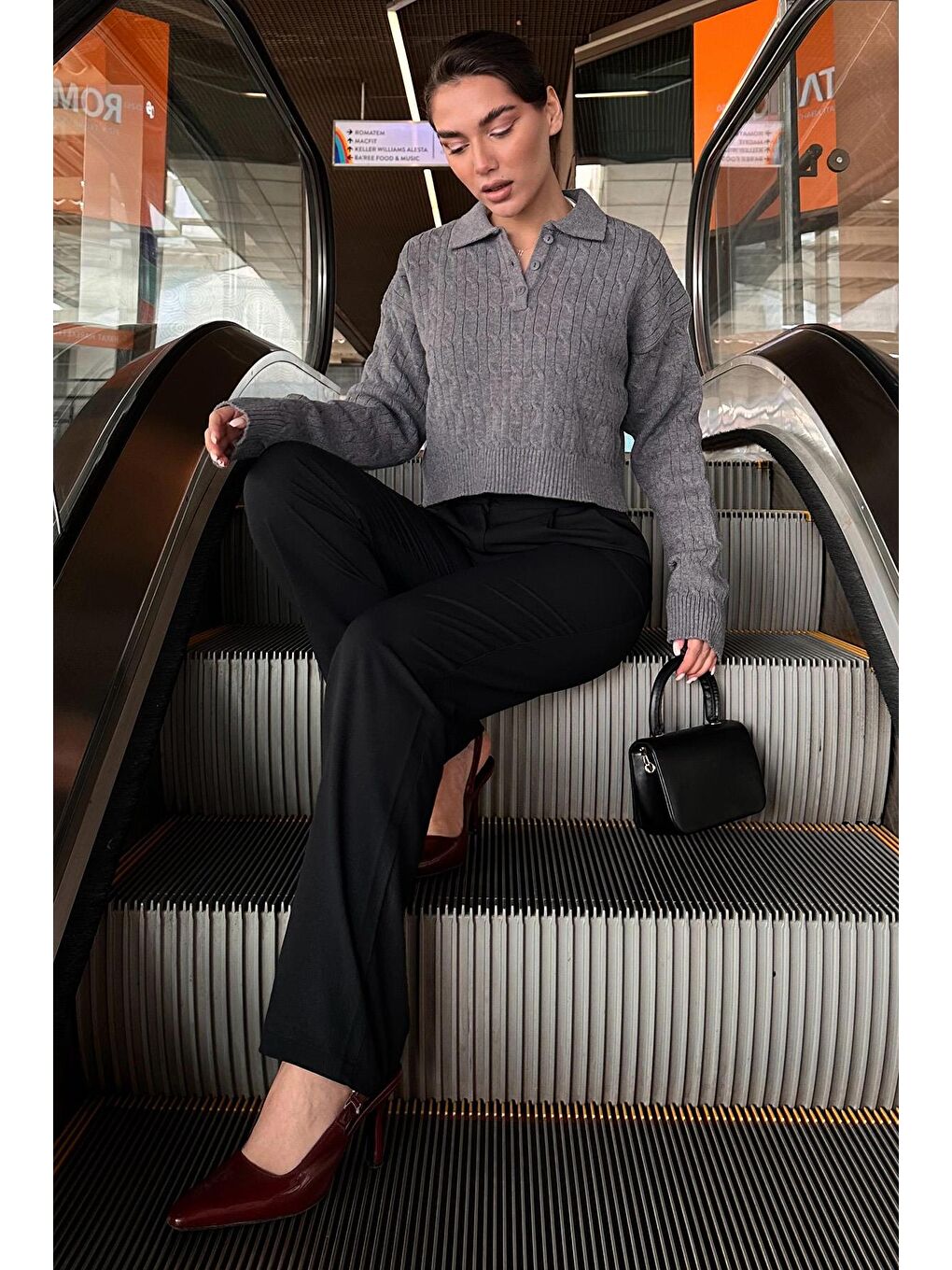 Antrasit Saç Örgülü Polo Yaka Kadın Kazak Mg2310-5