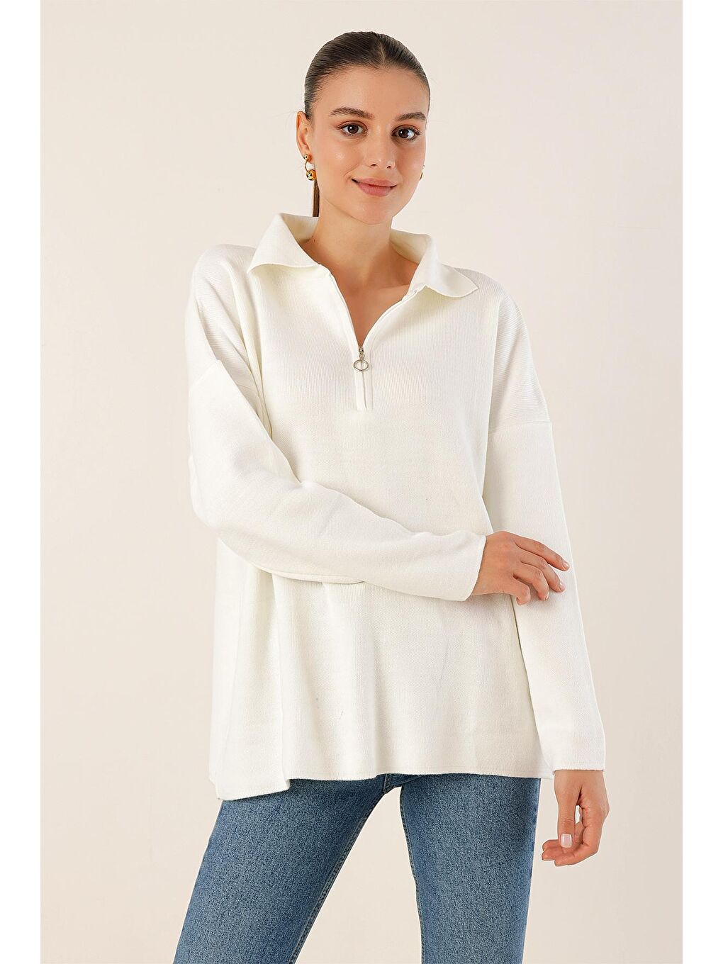 4512  Çizgili Oversize Kazak - Beyaz-3