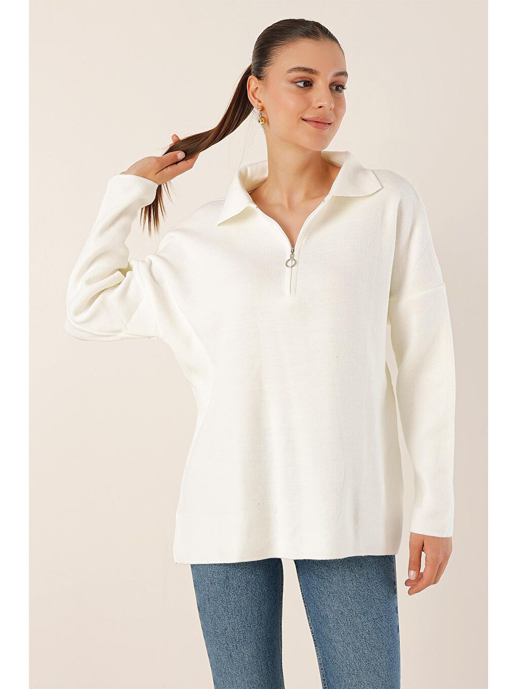 4512  Çizgili Oversize Kazak - Beyaz-4