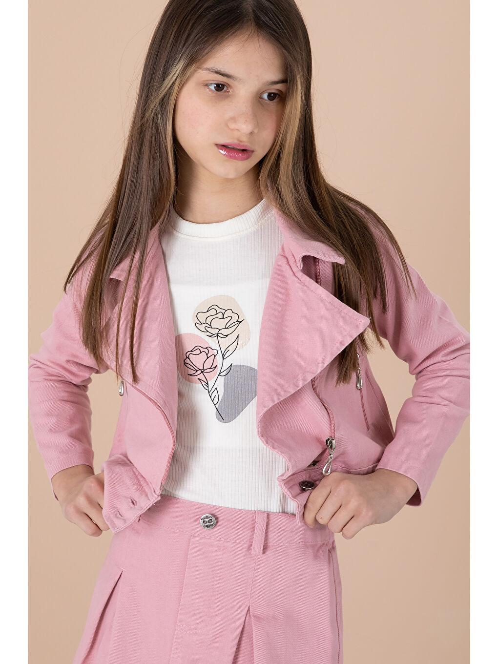 Pembe Yan Fermuarlı Jean Ceketli 3lü Etekli Kız Çocuk Takım 20199-1