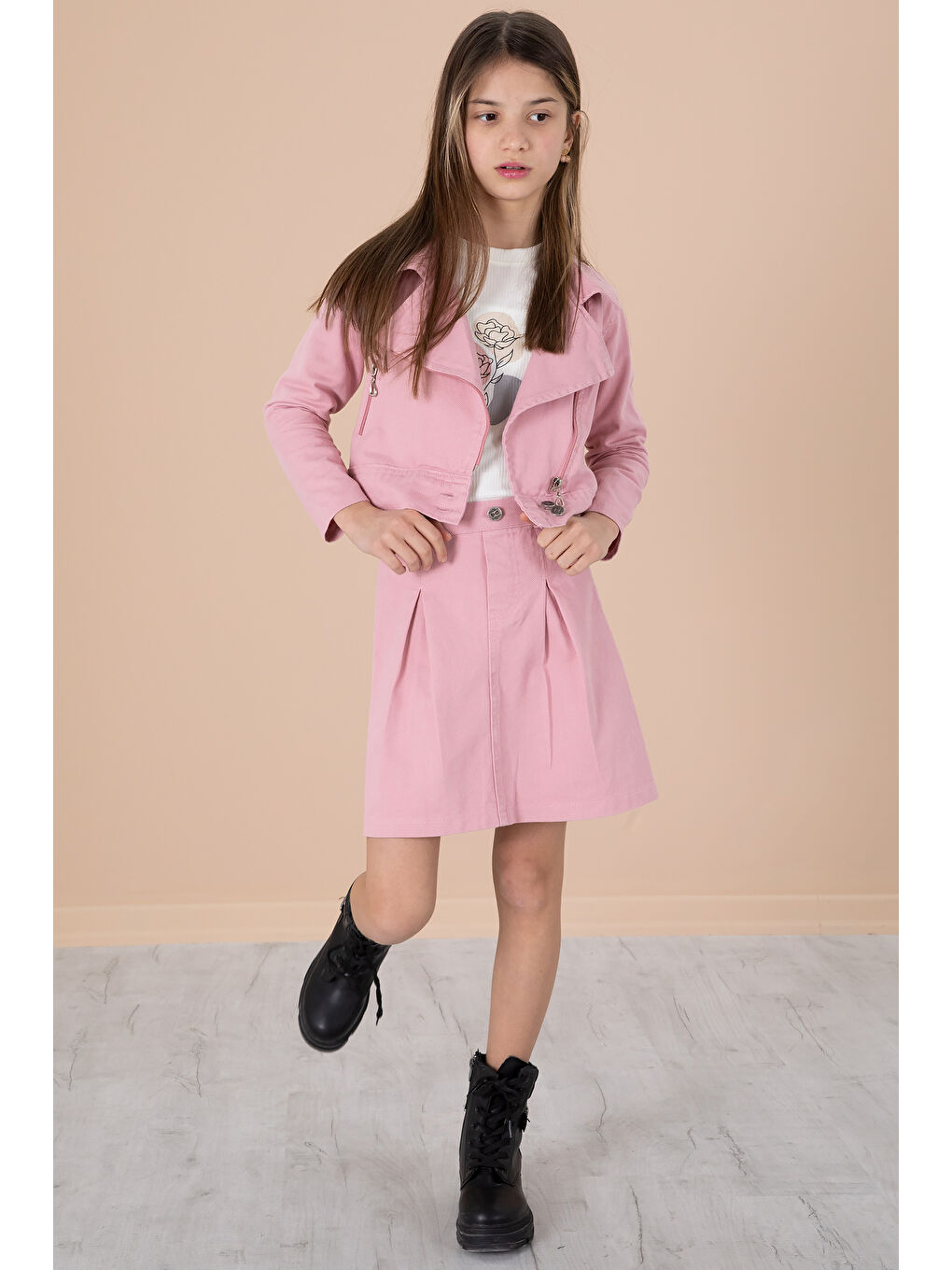 Pembe Yan Fermuarlı Jean Ceketli 3lü Etekli Kız Çocuk Takım 20199-2