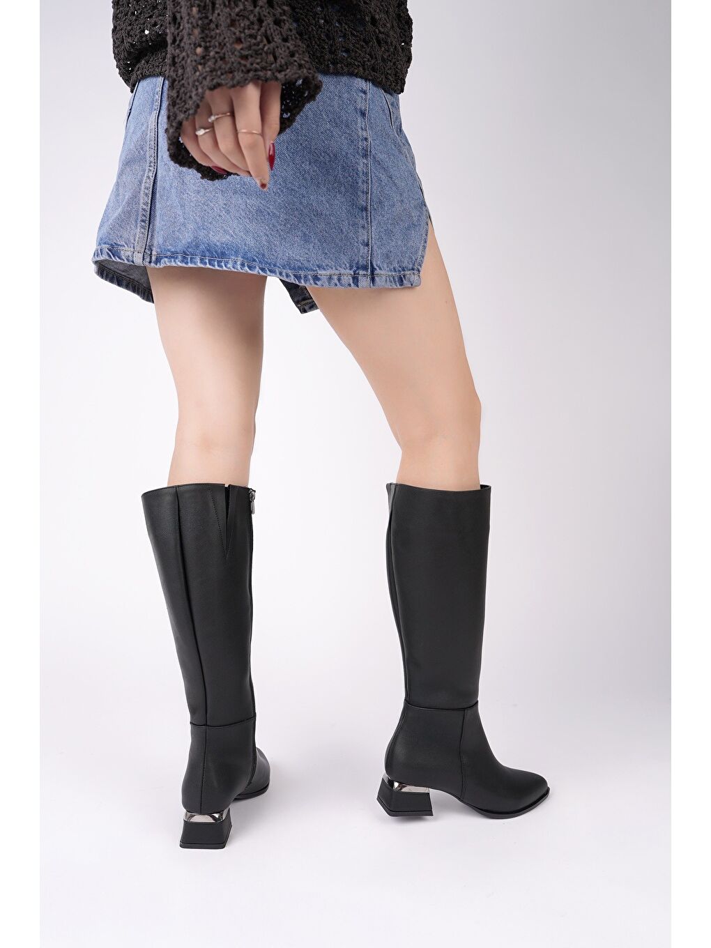 Siyah COLLİE Sivri Burun Yandan Fermuarlı Topuklu Kadın Çizme-6