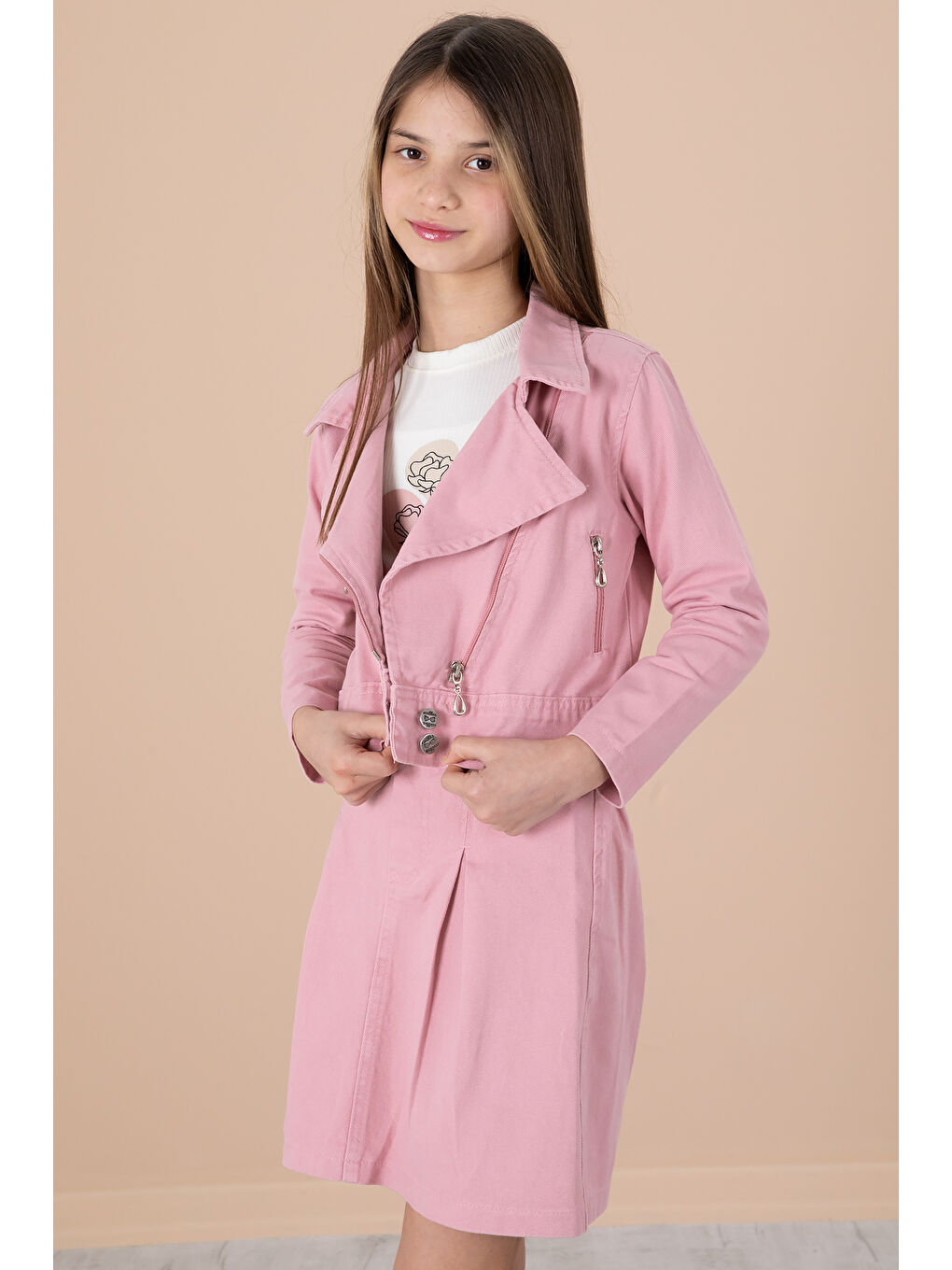 Pembe Yan Fermuarlı Jean Ceketli 3lü Etekli Kız Çocuk Takım 20199-3