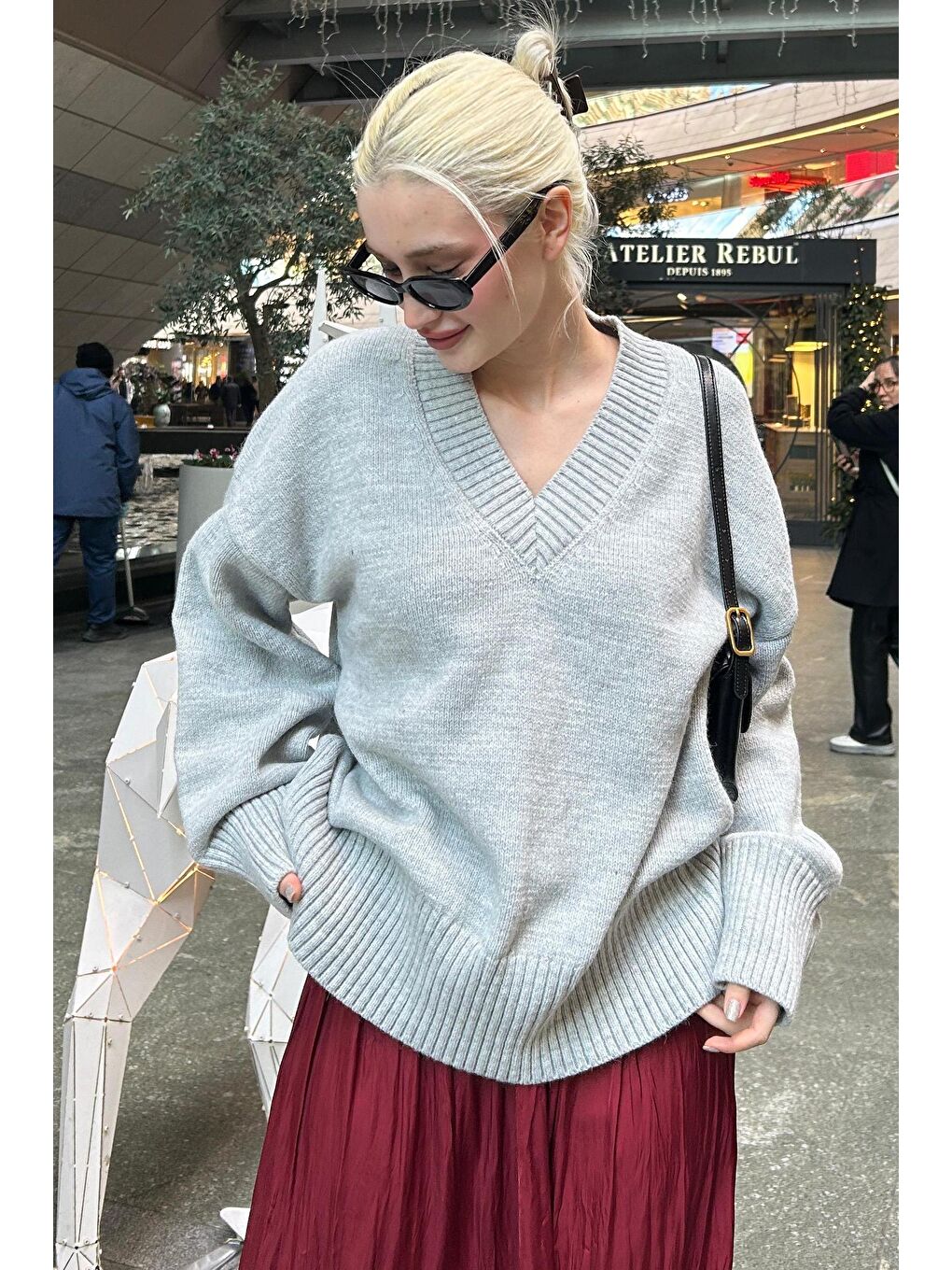 Gri V Yaka Oversize Kadın Triko Kazak Mg2149-3