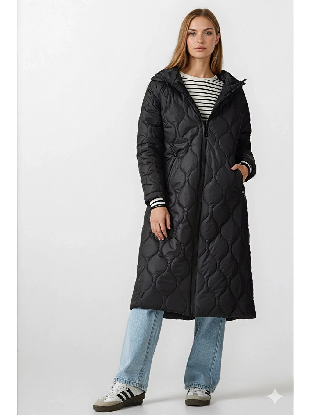 Kadın Siyah Kapüşonlu Kapitone Uzun Şişme Mont HZL24W-BD151771-1