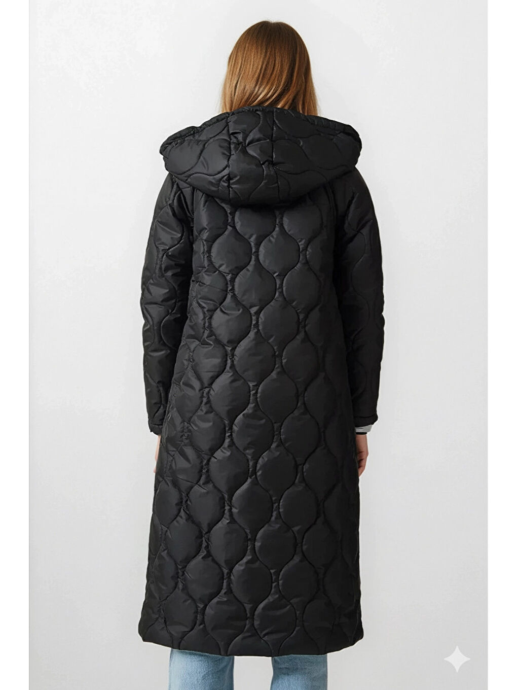Kadın Siyah Kapüşonlu Kapitone Uzun Şişme Mont HZL24W-BD151771-2