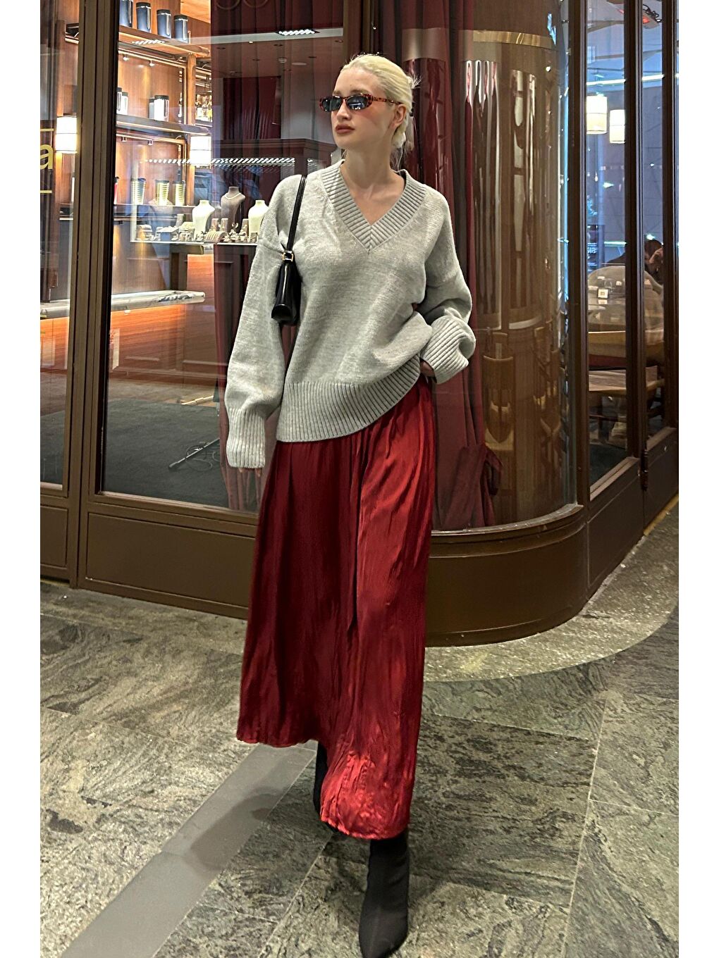 Gri V Yaka Oversize Kadın Triko Kazak Mg2149-4