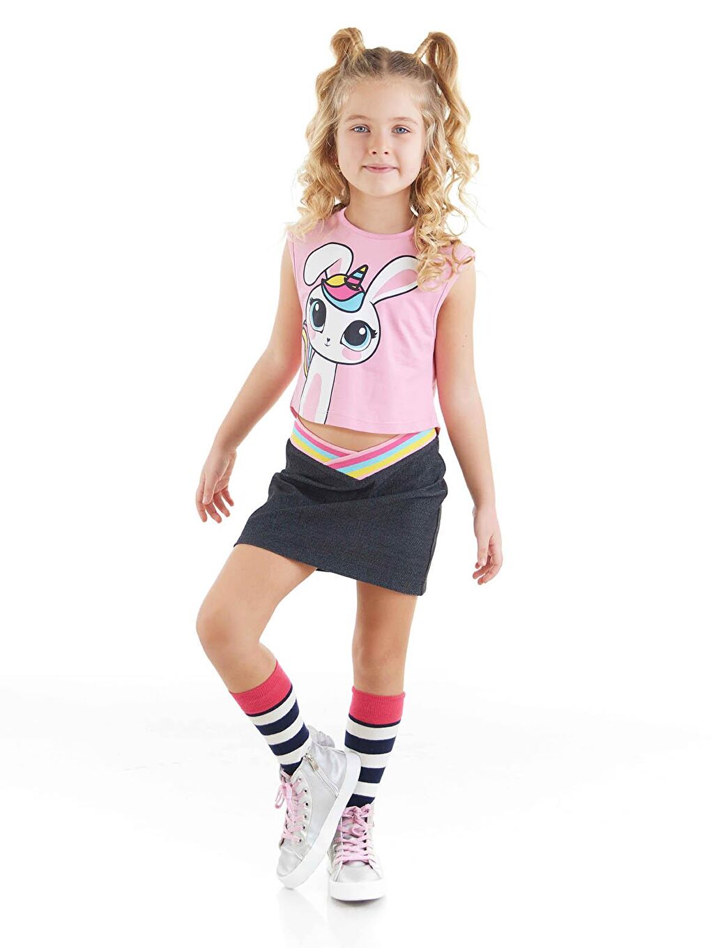 Denokids Karışık Unicorn Tavşan Kız Çocuk T-shirt Etek Takım