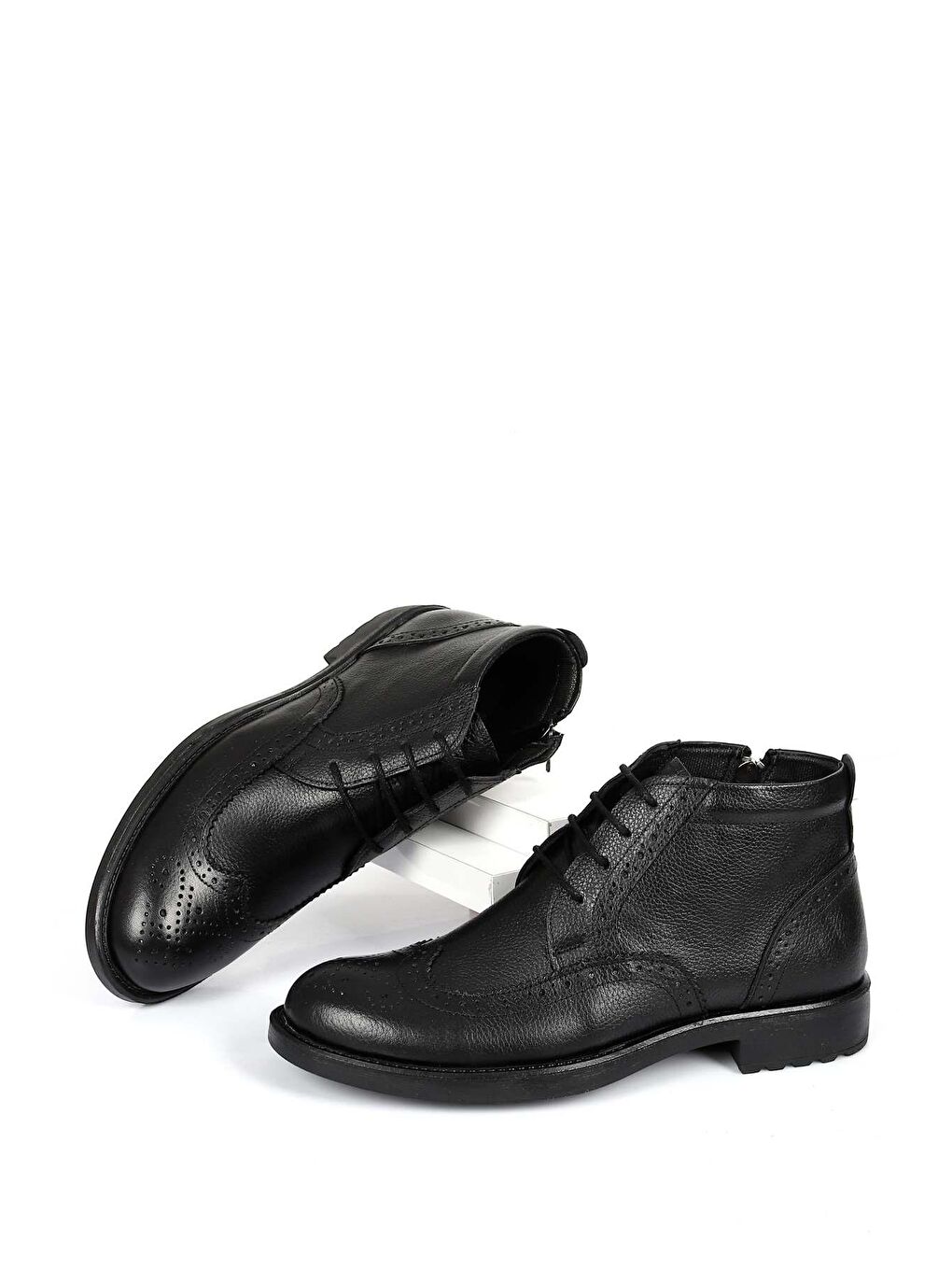 Siyah Hakiki Deri Yuvarlak Burun Kauçuk Taban Bağcıklı Fermuarlı Günlük Erkek Bot 01211