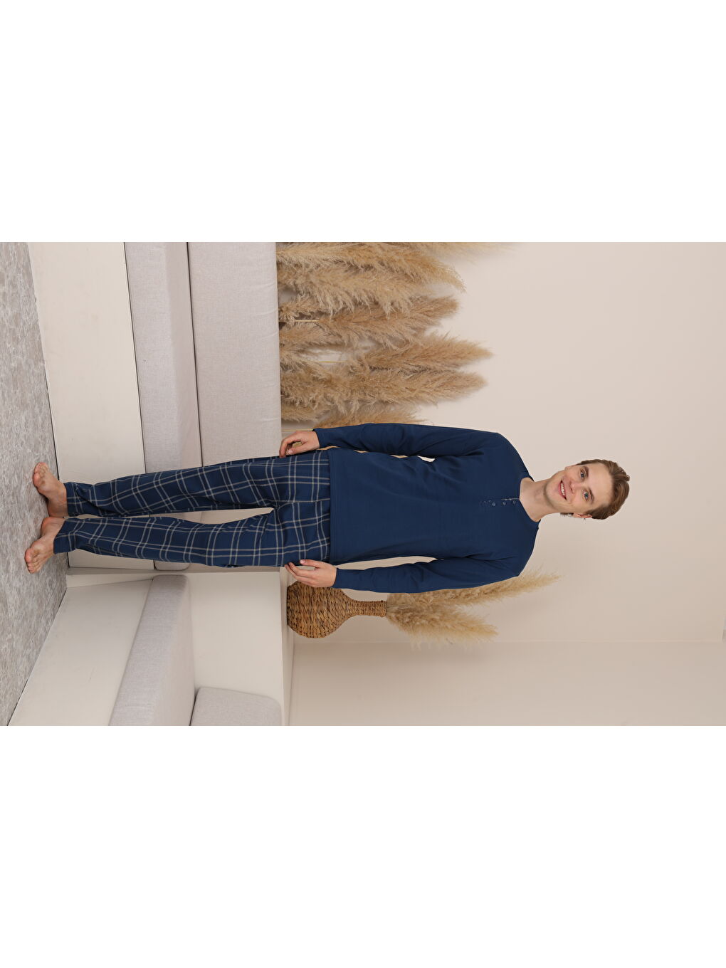 Lacivert Erkek %100 Doğal Pamuk Ekoseli Düğmeli Uzun Kol Kaliteli Pijama Takımı