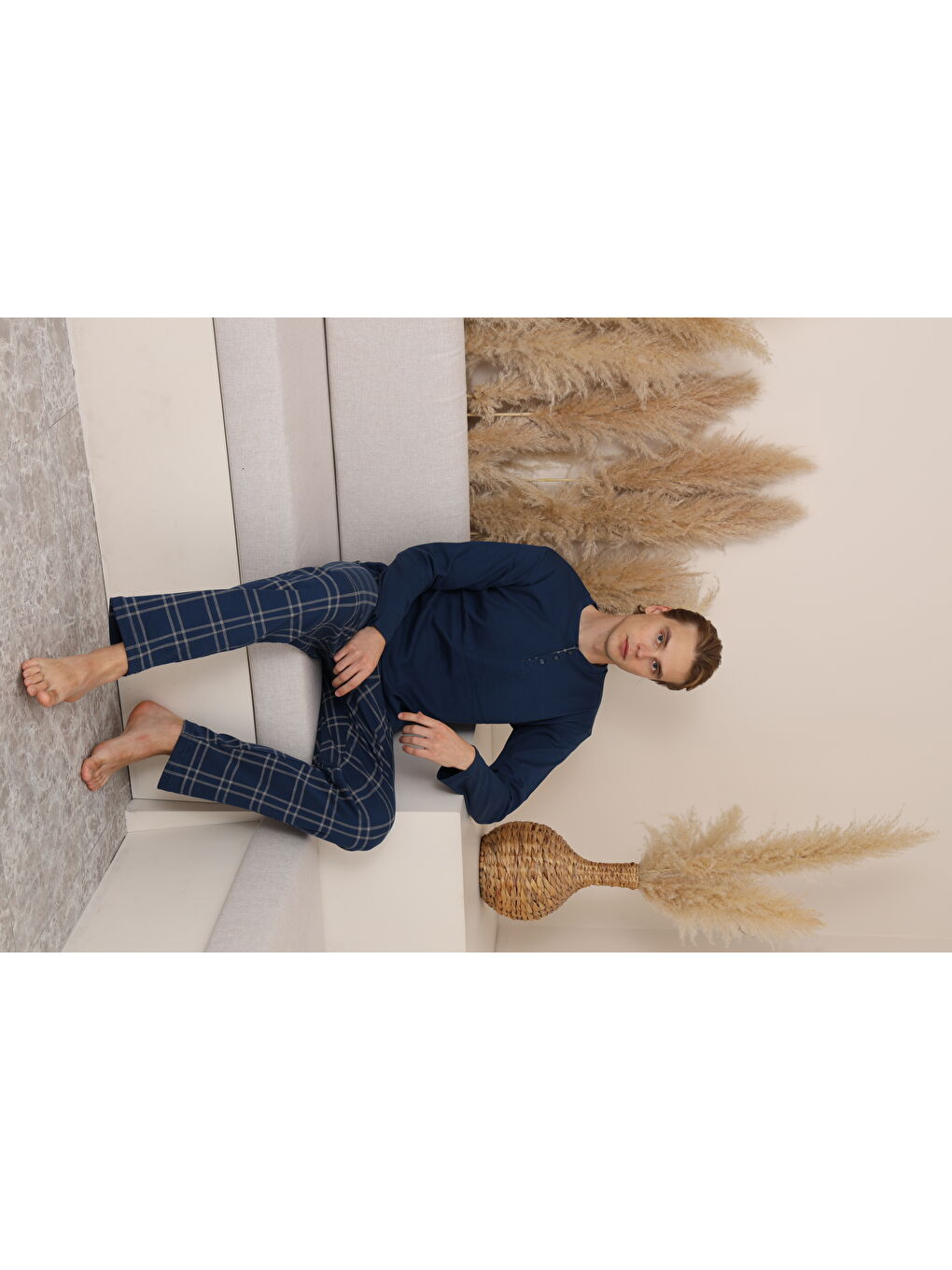 Lacivert Erkek %100 Doğal Pamuk Ekoseli Düğmeli Uzun Kol Kaliteli Pijama Takımı-1