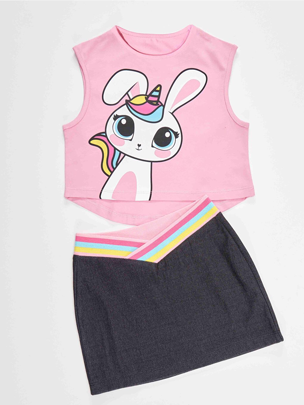 Denokids Karışık Unicorn Tavşan Kız Çocuk T-shirt Etek Takım - 2