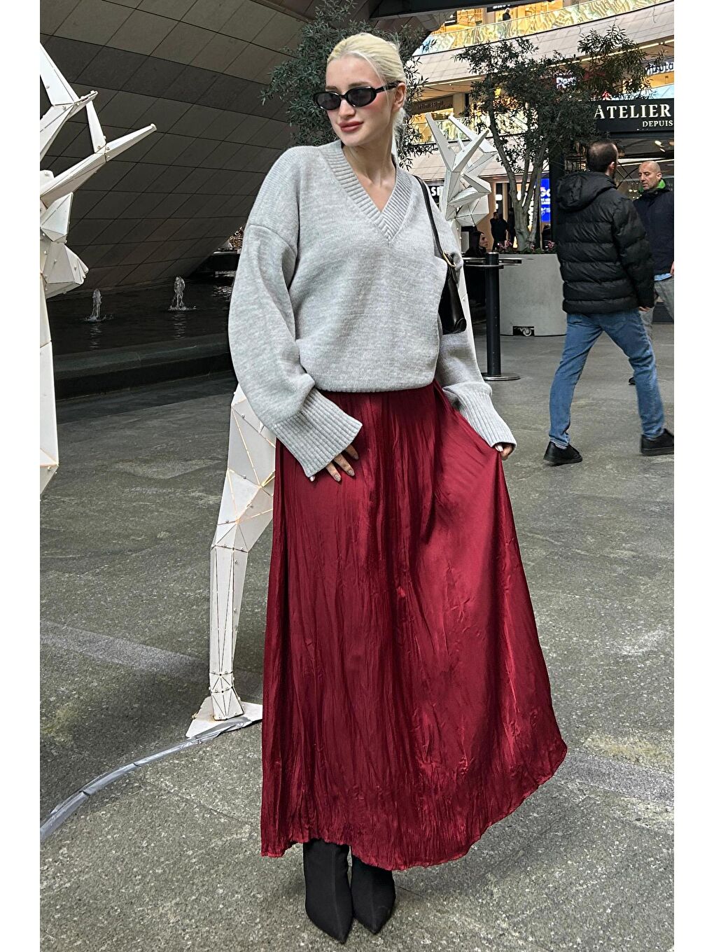 Gri V Yaka Oversize Kadın Triko Kazak Mg2149-8