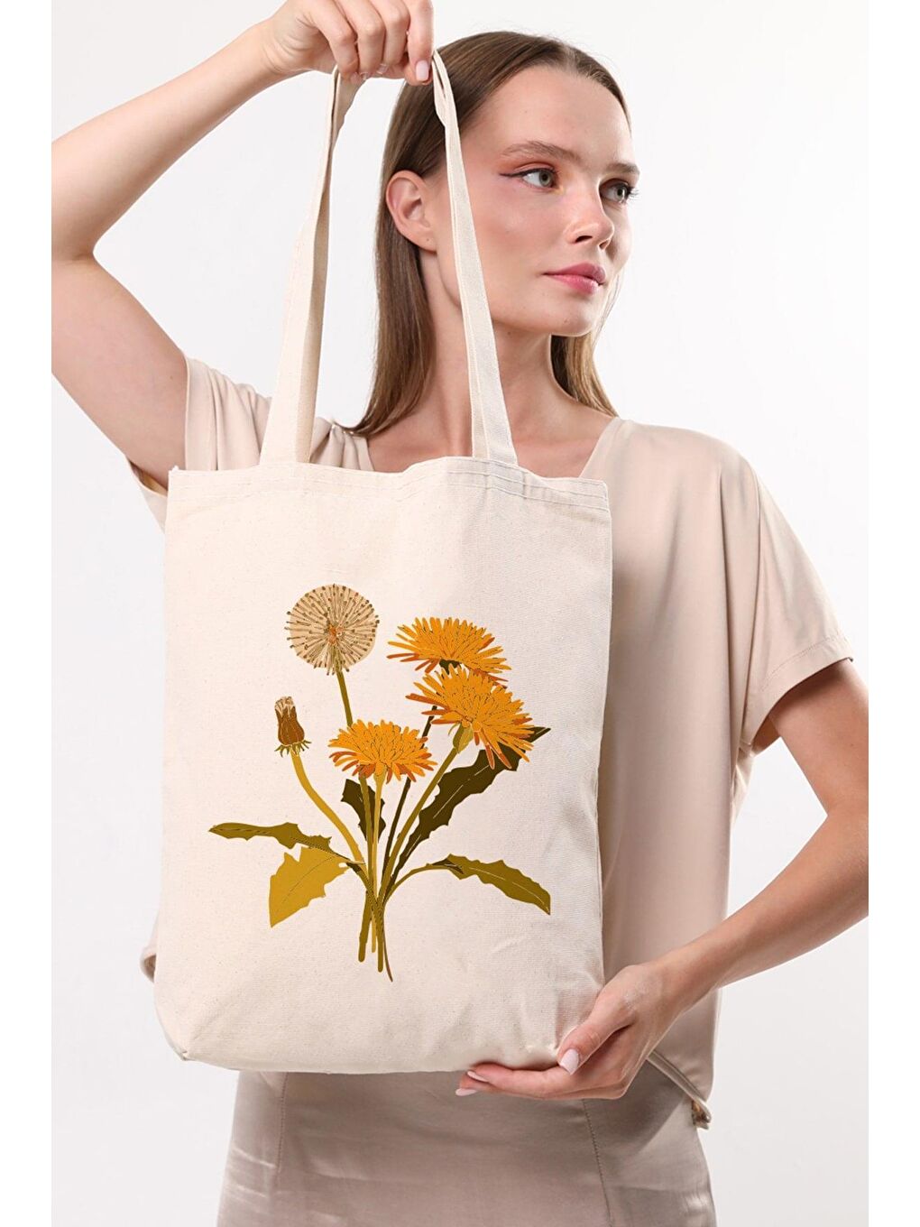 Bagg Krem Kanvas Great Yellow Flower Baskılı Bez Çanta