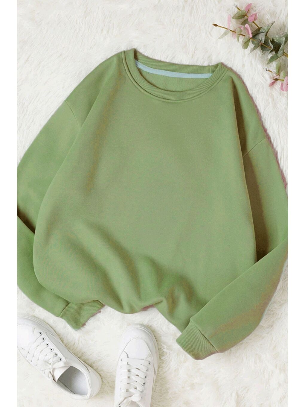 Kadın 3 Iplik Light Yeşil Düz Bisiklet Yaka Sweatshirt