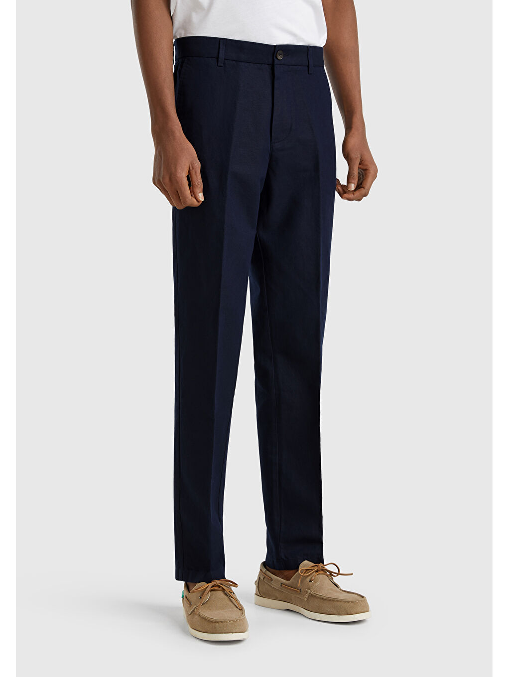 Koyu Lacivert Keten Karışımlı Cebi Biyeli Düz Kalıp Erkek Pantolon