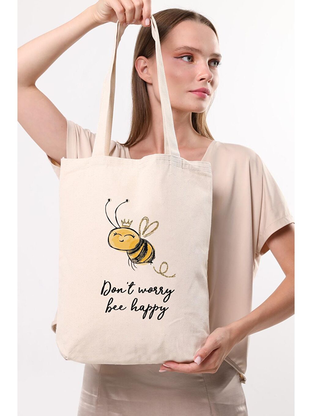 Bagg Krem Kanvas Dont Worry Bee Happy Baskılı Bez Çanta