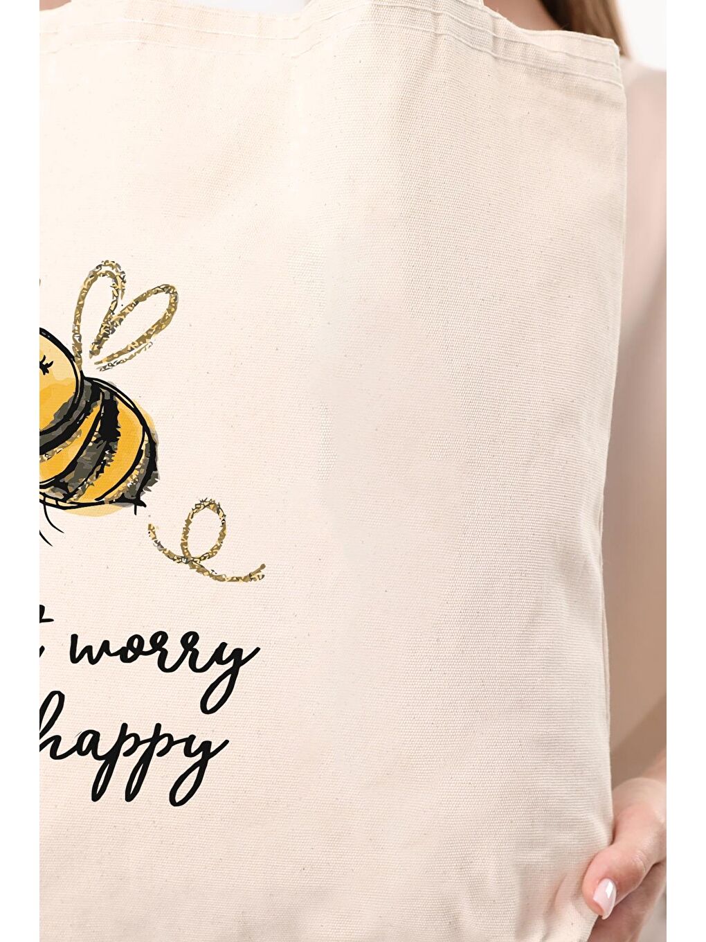 Bagg Krem Kanvas Dont Worry Bee Happy Baskılı Bez Çanta - 6