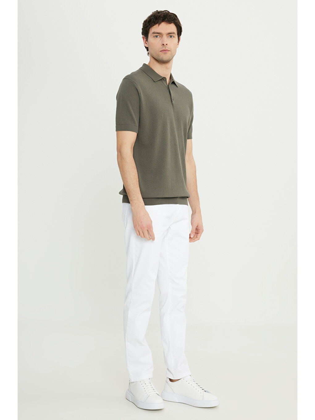 Erkek Haki %100 Pamuk Standart Fit Polo Yaka Jakarlı Triko Tişört-1