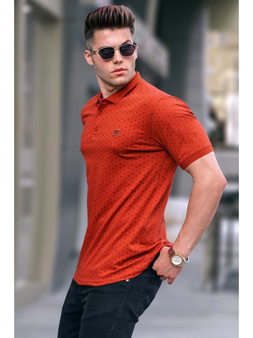 Kahverengi Kiremit Desenli Polo Yaka Tişört 5889