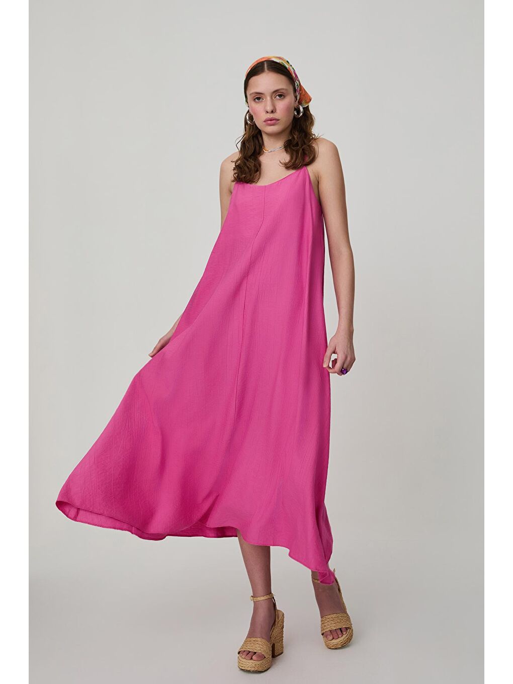 İnce Askılı Uzun Elbise Pembe-1