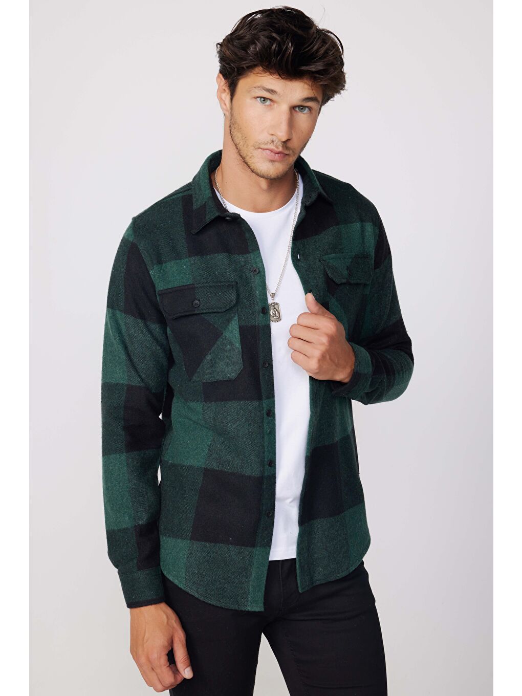 Karışık Slim Fit Büyük Kareli Çift Cepli Oduncu Erkek Gömlek-1