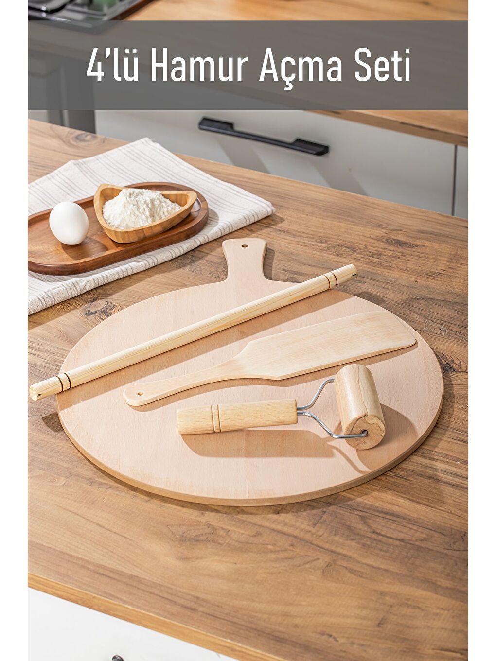 Kahverengi 4303 Hamur Açma Seti Ahşap Saplı Rulo Hamur Açıcı,Oklava, Hamur Açma Sofrası, Ahşap Spatula 4 Lü Set