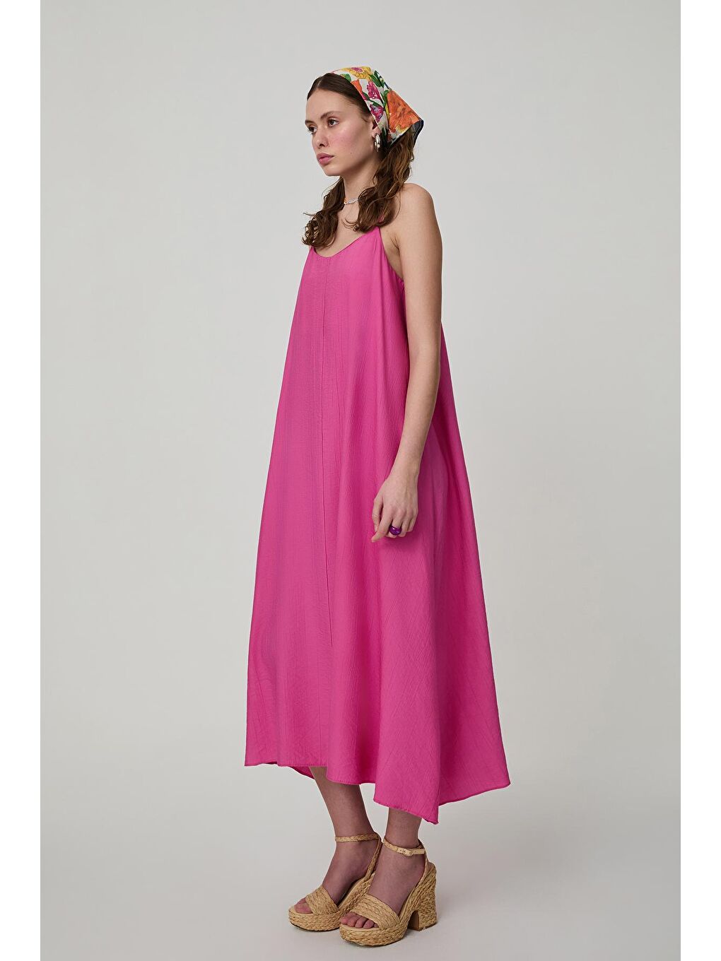 İnce Askılı Uzun Elbise Pembe-3