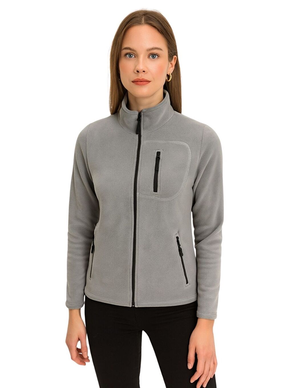 Gri Kadın Polar Tam Fermuarlı Outdoor 3 Cepli Spor Polar Sweatshırt