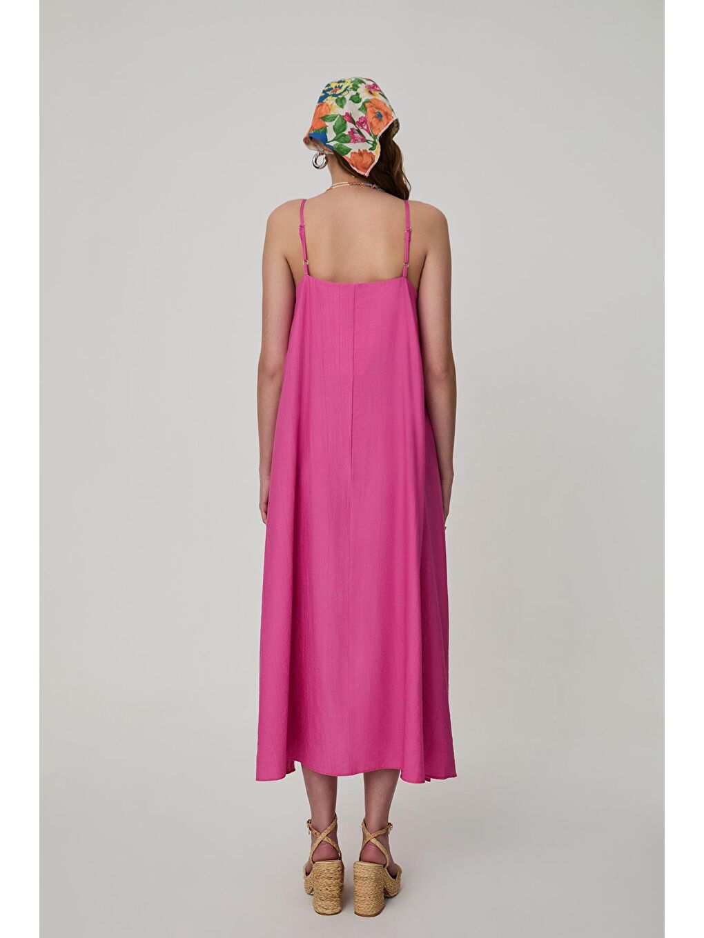 İnce Askılı Uzun Elbise Pembe-4