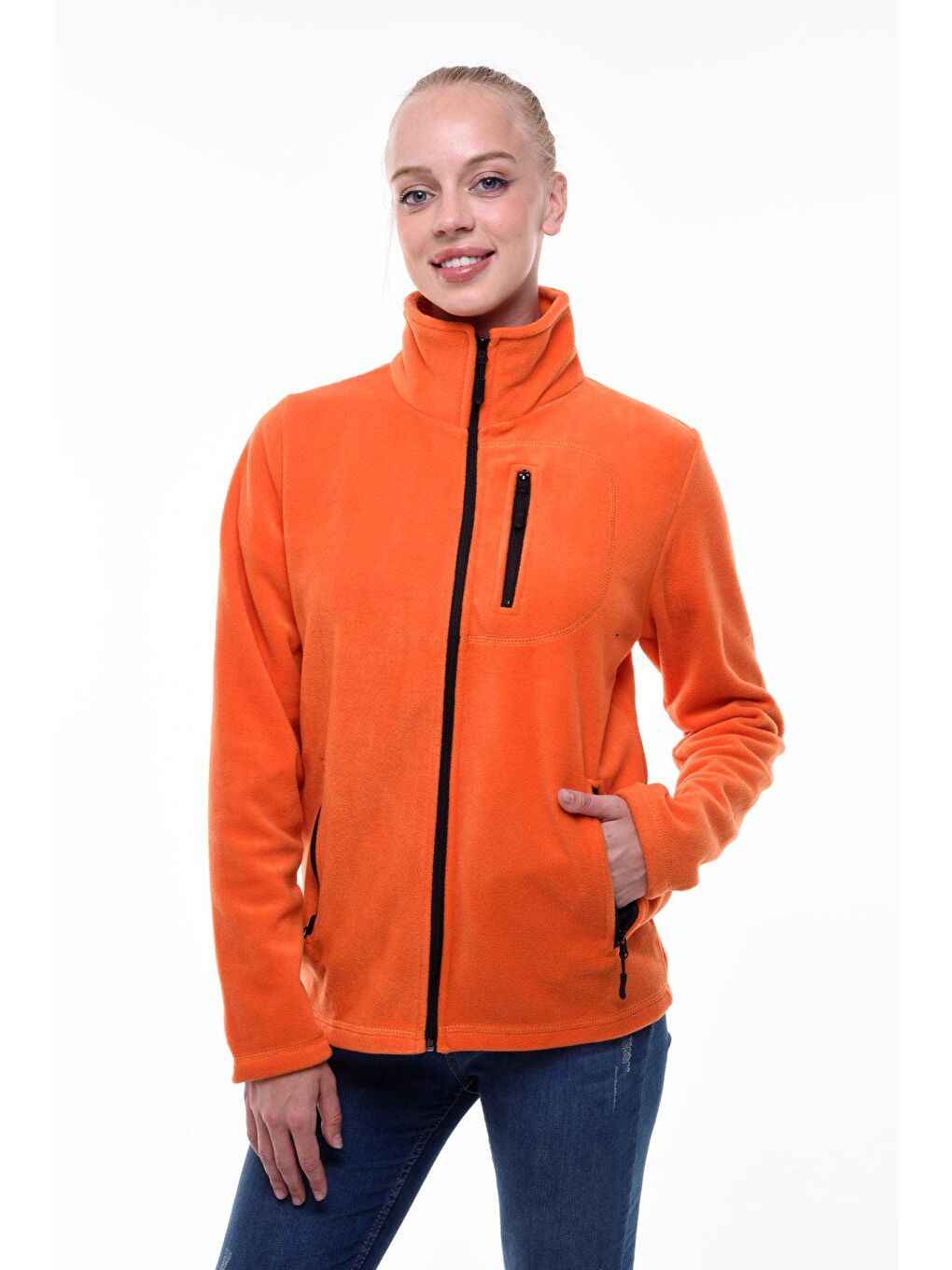 GENIUS STORE Turuncu Kadın Polar Tam Fermuarlı Outdoor 3 Cepli Spor Polar Ceket