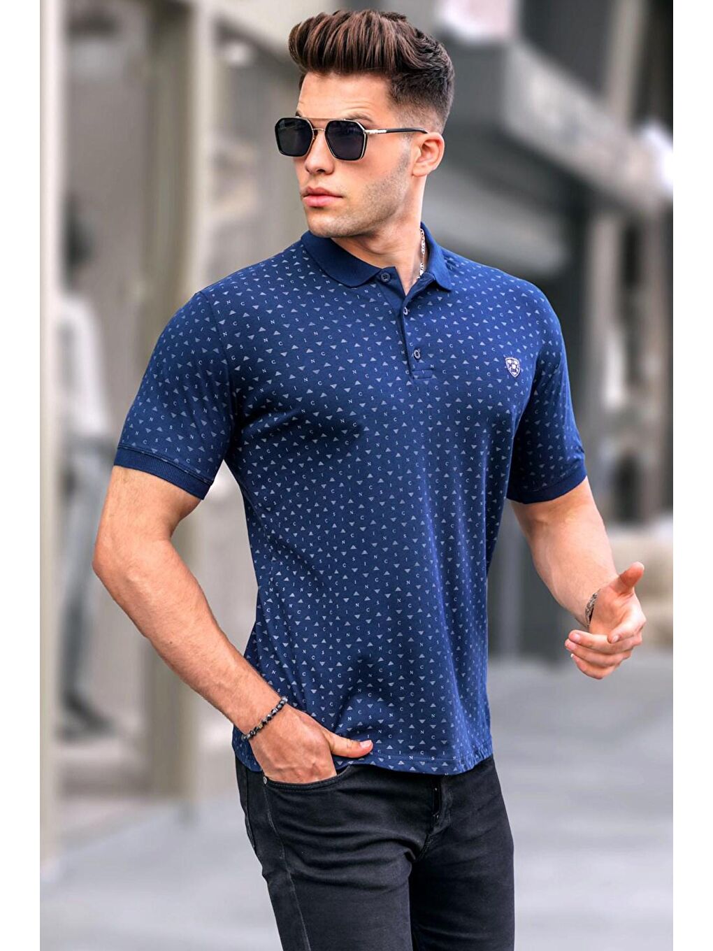 Lacivert Desenli Polo Yaka Tişört 5889