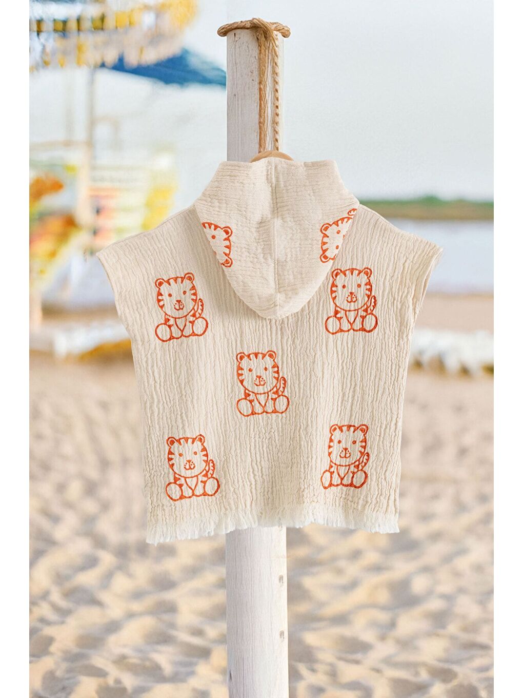 Ekru Organik %100 Pamuk Müslin Çocuk Panço - Kaplan-1