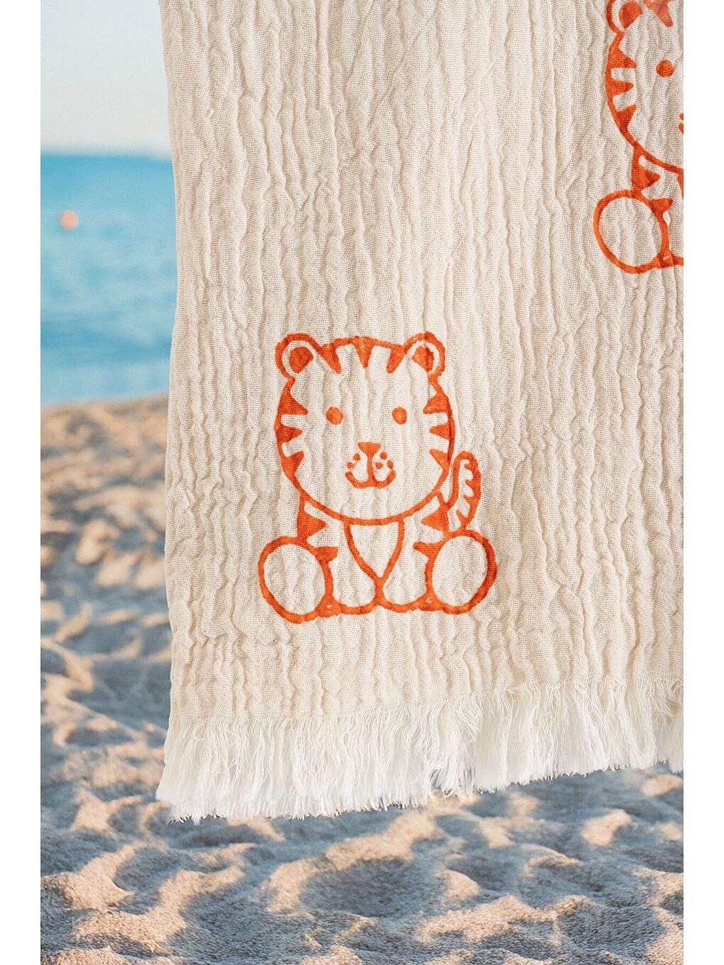 Ekru Organik %100 Pamuk Müslin Çocuk Panço - Kaplan-2