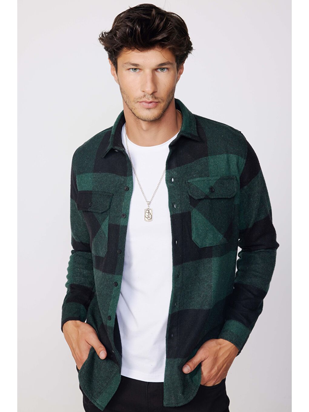 Karışık Slim Fit Büyük Kareli Çift Cepli Oduncu Erkek Gömlek-2