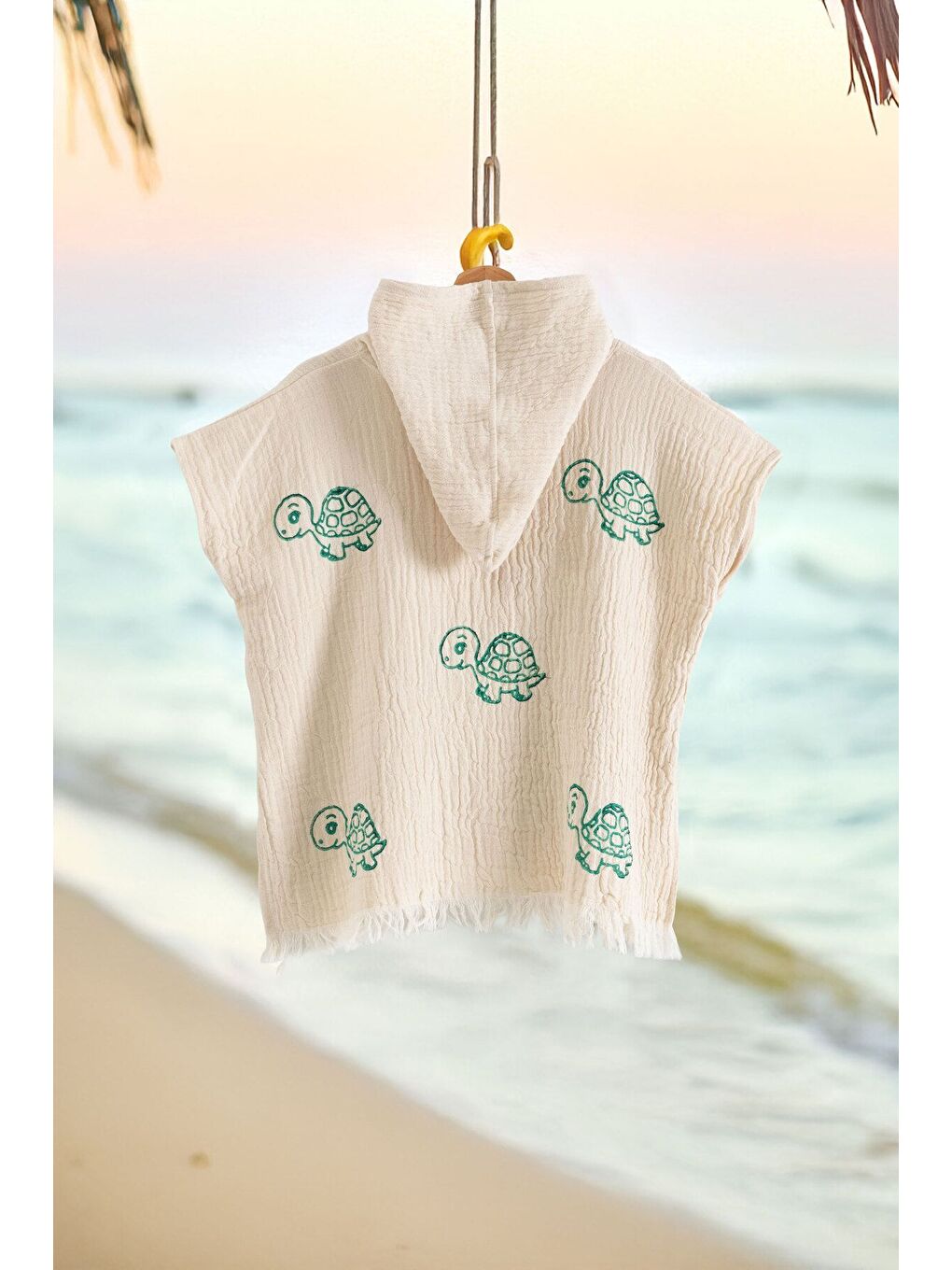 Ekru Organik %100 Pamuk Müslin Çocuk Panço - Kaplu-1