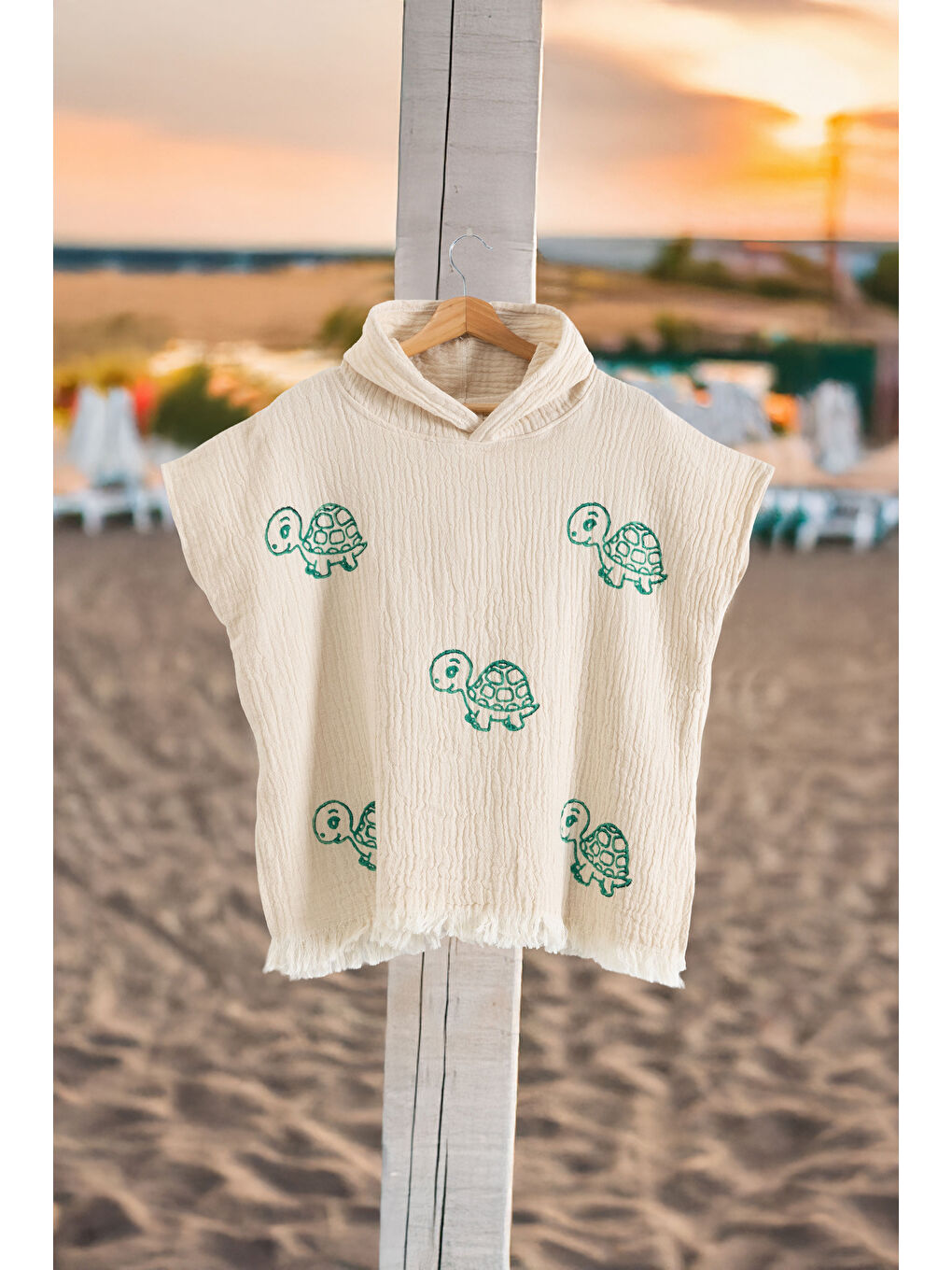 Ekru Organik %100 Pamuk Müslin Çocuk Panço - Kaplu-3