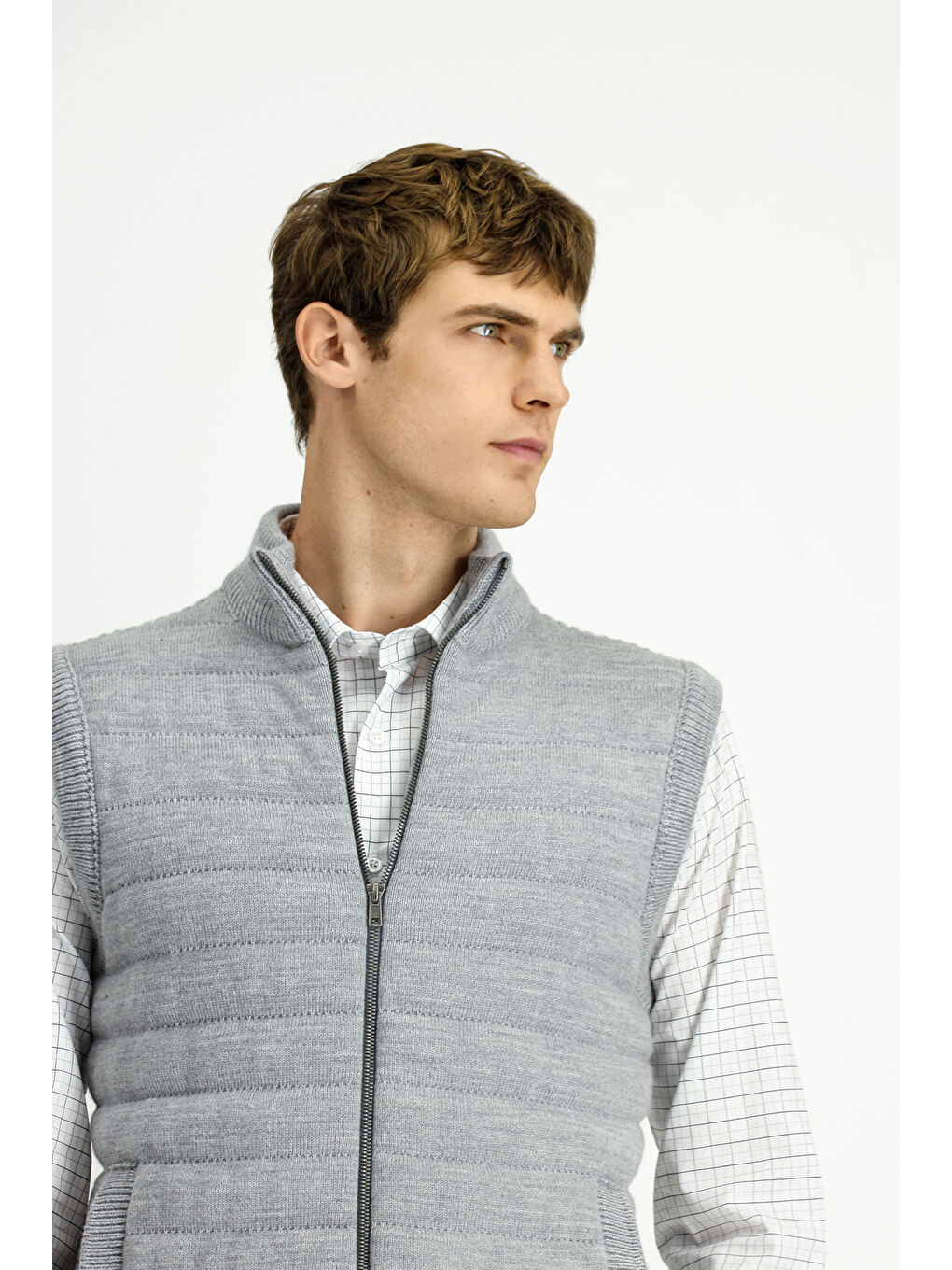 Gri Desenli Fermuarlı Triko Yelek-2