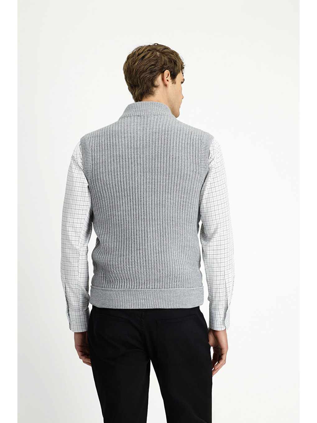 Gri Desenli Fermuarlı Triko Yelek-4