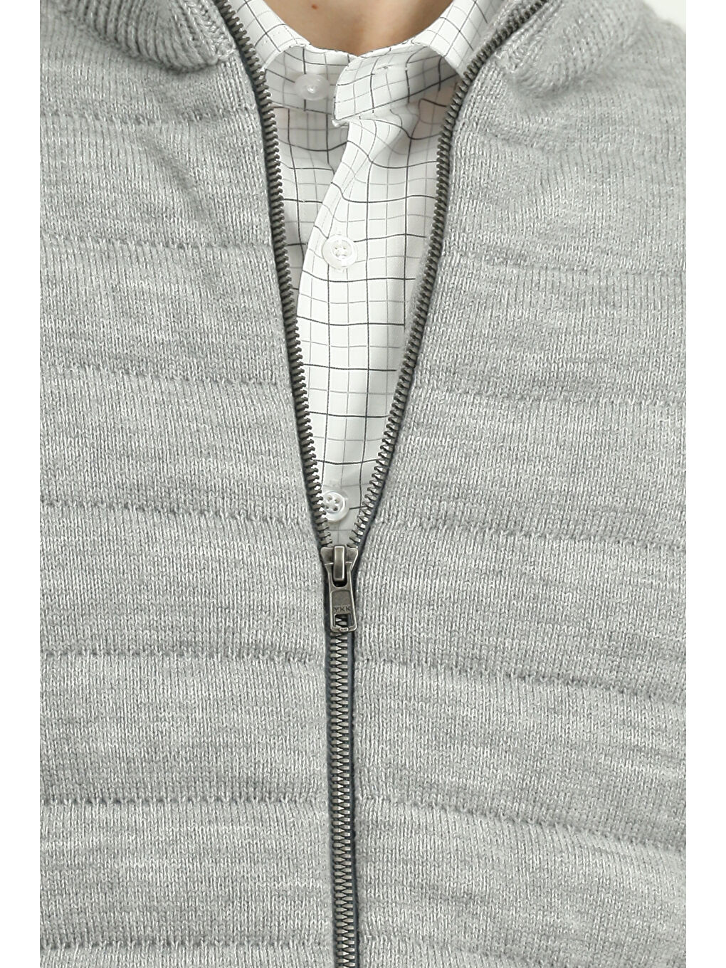 Gri Desenli Fermuarlı Triko Yelek-5