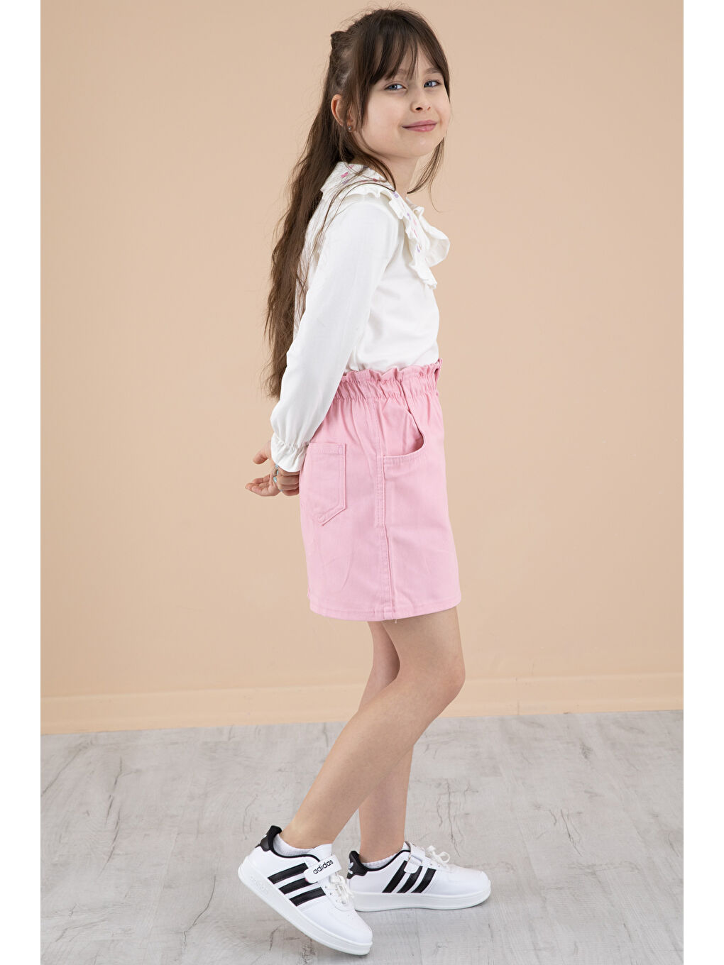 Pembe Yakası Kalp Nakışlı Badili Jean Etekli Kız Çocuk Takım 20332-2