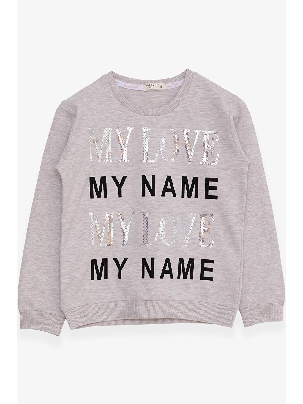 Kız Çocuk Sweatshirt Yazı Baskılı Pullu Bej Melanj (8-14 Yaş)