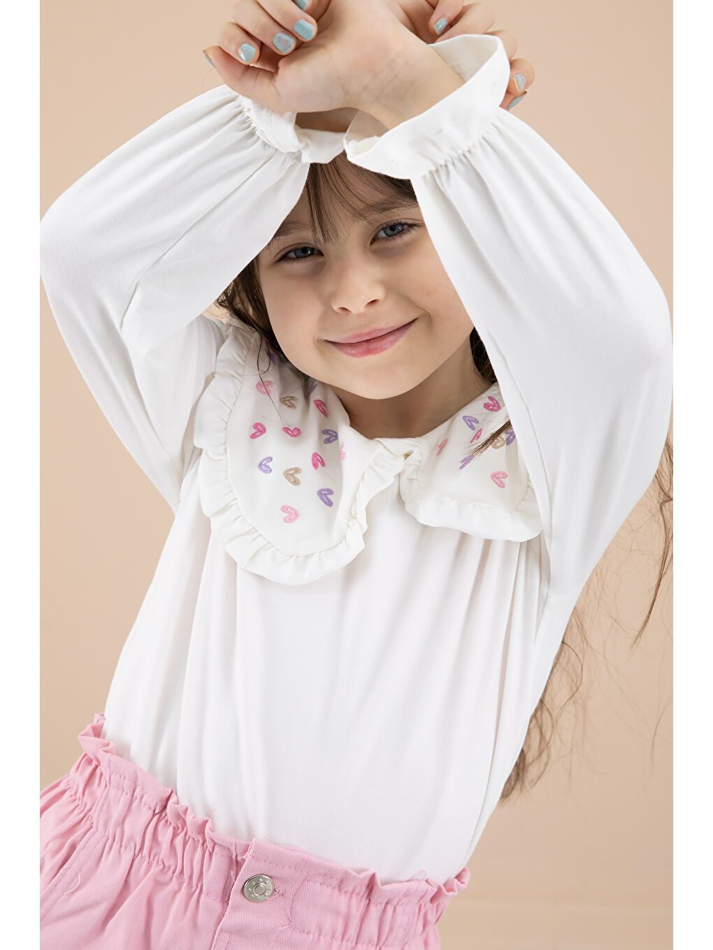 Pembe Yakası Kalp Nakışlı Badili Jean Etekli Kız Çocuk Takım 20332-4