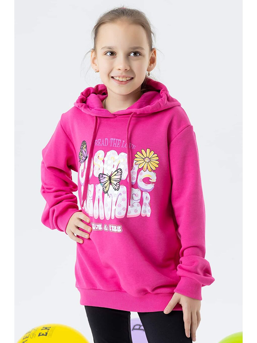 Kız Çocuk Sweatshirt Kelebek Baskılı Fuşya (7-9 Yaş)