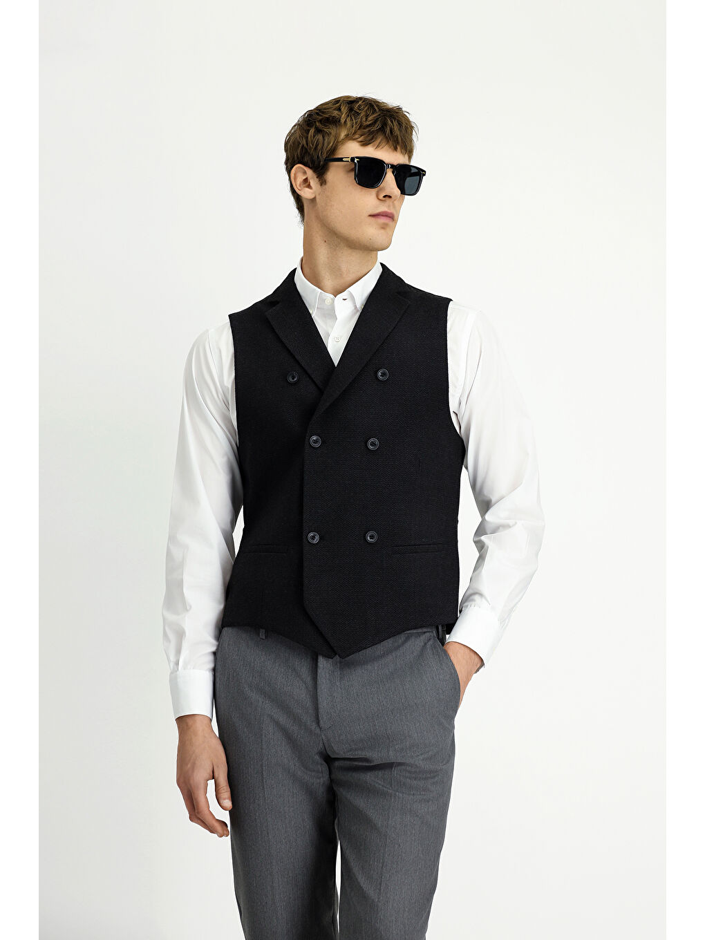 Siyah Slim Fit Dar Kesim Desenli Klasik Kruvaze Yelek