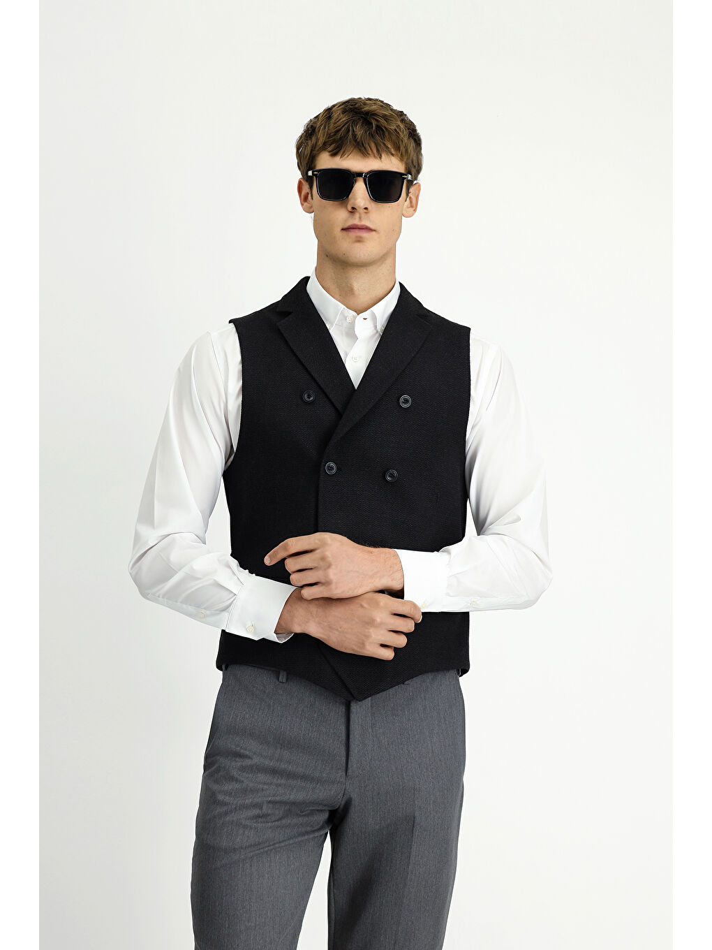 Siyah Slim Fit Dar Kesim Desenli Klasik Kruvaze Yelek-2