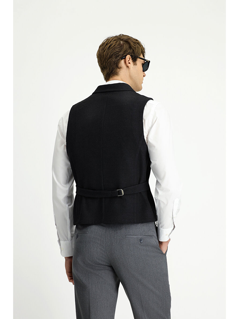 Siyah Slim Fit Dar Kesim Desenli Klasik Kruvaze Yelek-3