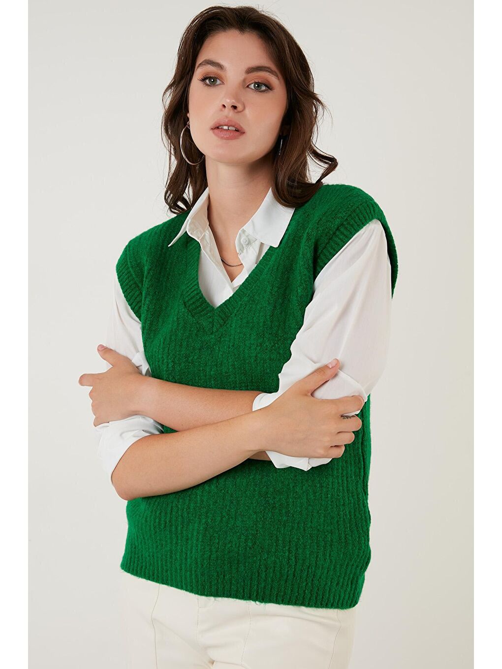 Yeşil V Yaka Örme Triko Süveter 4616105-1