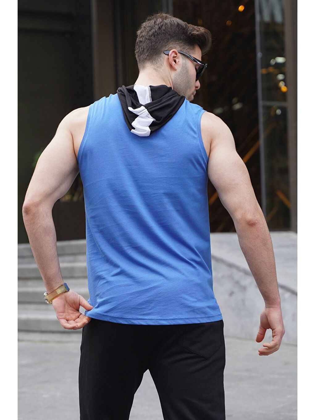 Kapüşonlu Kolsuz Tişört Mavi 2882-1