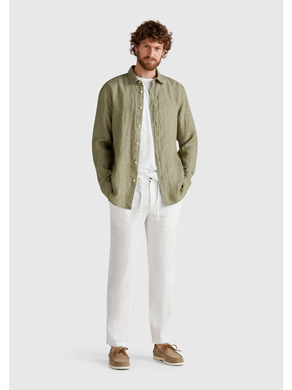 Ekru Krem %100 Keten Beli İpli Erkek Pantolon-4